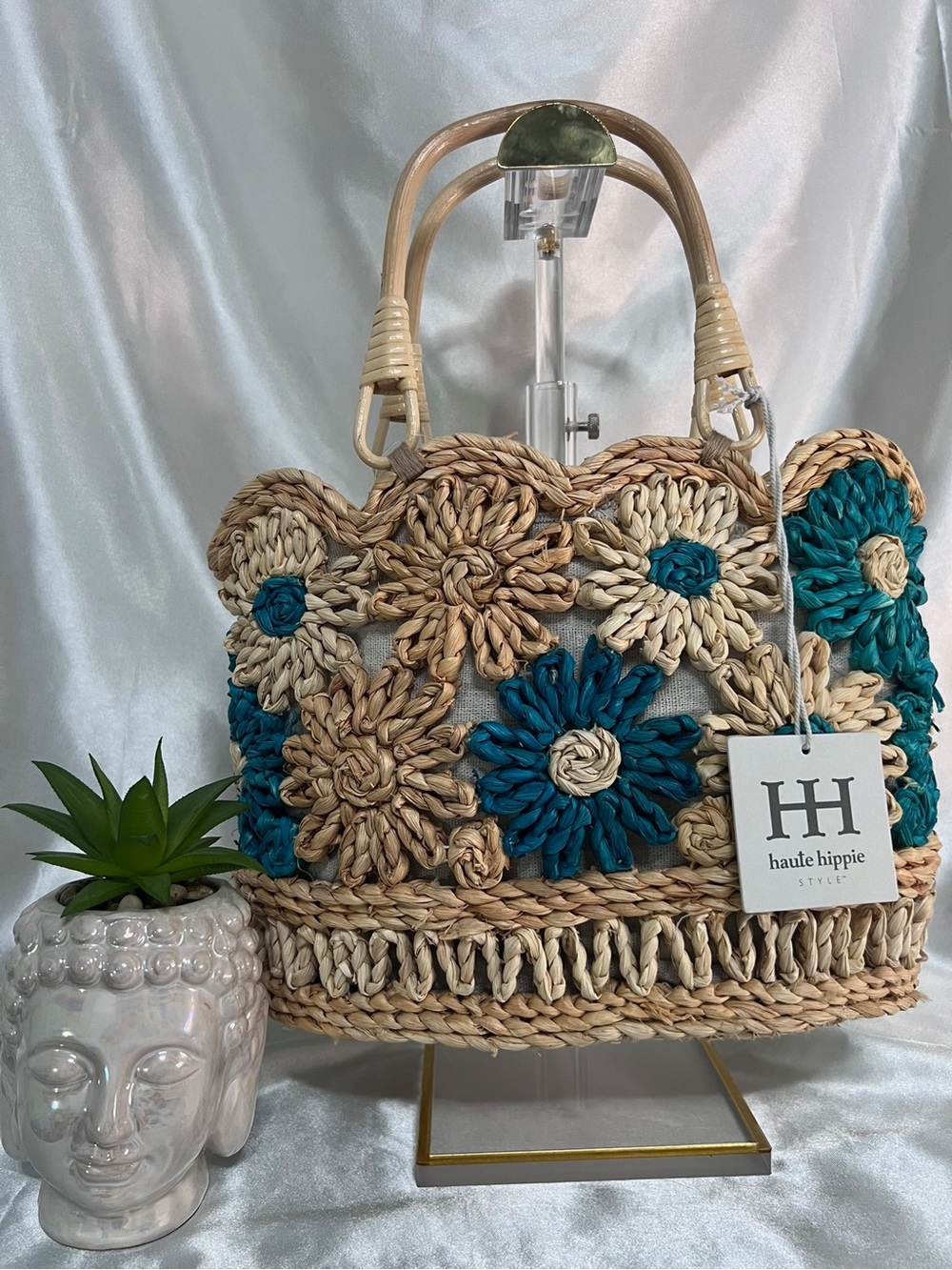 Haute Hippie Teal and Natural Woven Floral Raffia Tote